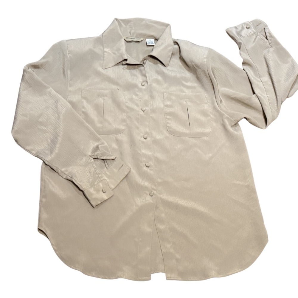Vintage Tan Button Up Blouse Shoulder Pads‎ Sz 10 Office Chic